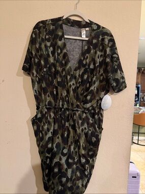 Olive Green Leopard Print Mini Dress with Pockets